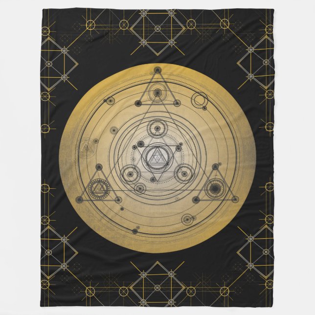 Yellow sacred geometry circle with alchemy pattern fleece blanket (Front)