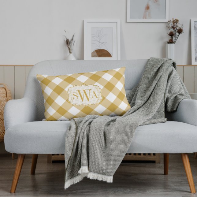 Yellow Saffron Mustard Gingham Family monogrammed Decorative Cushion (Creator Uploaded)