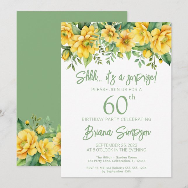 Yellow Sage Floral Any Age Surprise Birthday Party Invitation (Front/Back)
