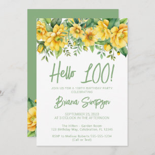 Yellow Sage Green Floral 100th Birthday Party Invitation