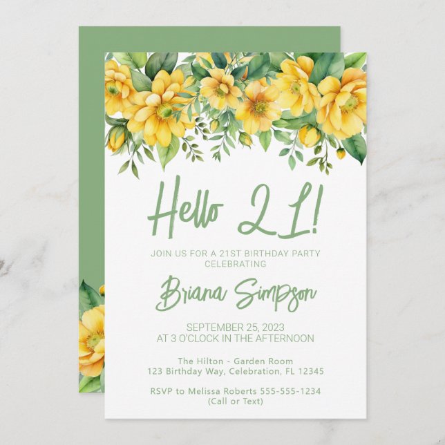 Yellow Sage Green Floral 21st Birthday Party Invitation (Front/Back)
