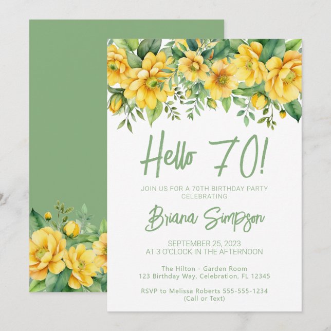 Yellow Sage Green Floral 70th Birthday Party Invitation (Front/Back)