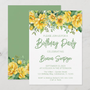 Yellow Sage Green Floral Birthday Party Invitation