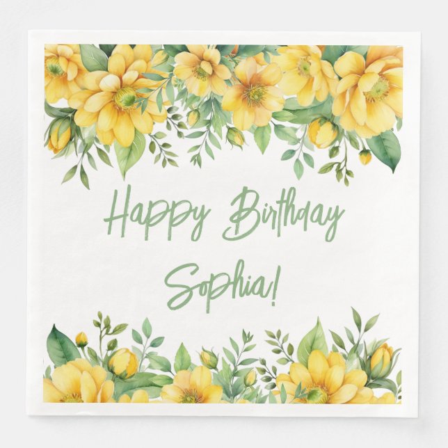 Yellow Sage Green Flowers Floral Party Napkins (Front)