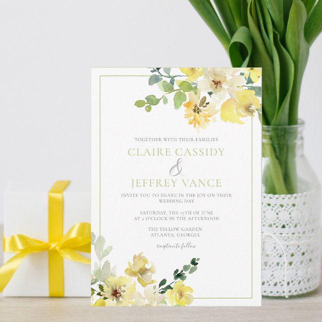 Yellow Sage Green Watercolor Floral Summer Wedding Invitation (Creator Uploaded)