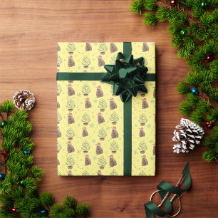 Yellow Santa Armadillo With Christmas Tree & Stars Wrapping Paper