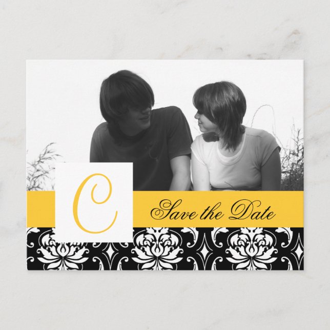 Yellow Save the Date Postcard Black Damask Photo (Front)
