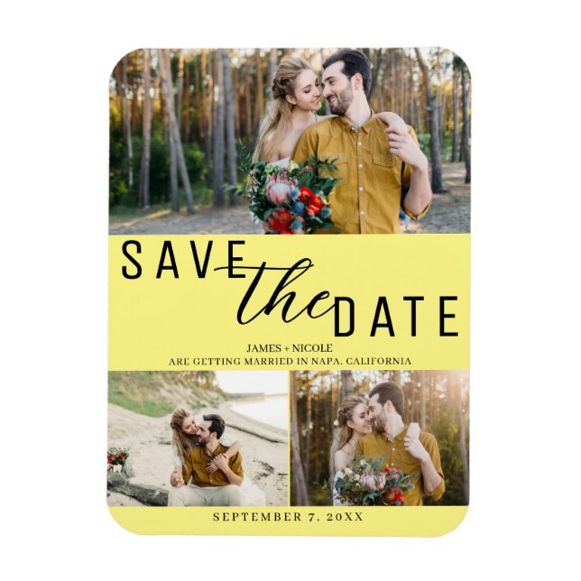 Yellow Save the Date Wedding 3 Photos Magnet (Vertical)