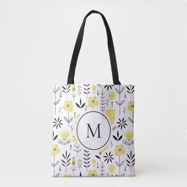 Yellow Scandinavian Floral Pattern Monogram Tote Bag (Front)