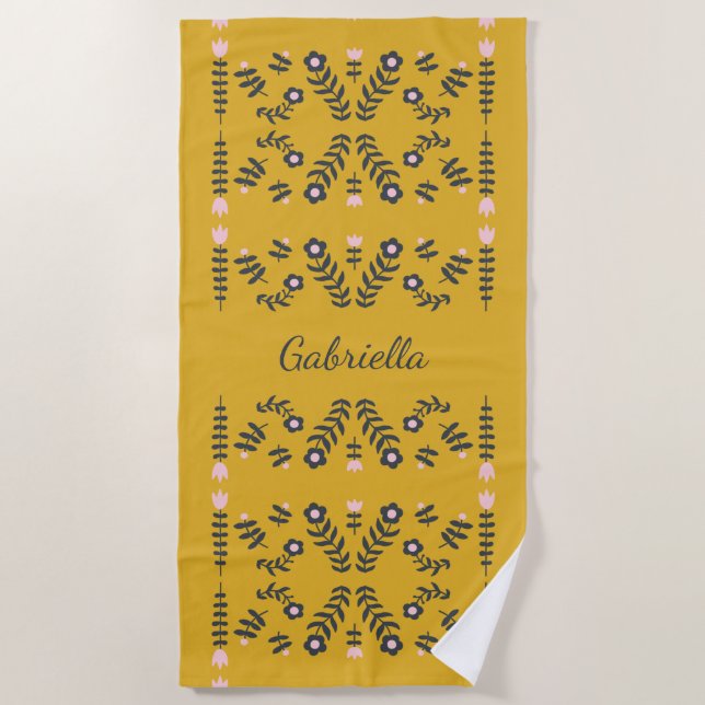 Yellow Scandinavian Folk Flower Personalised Beach Towel (Front)