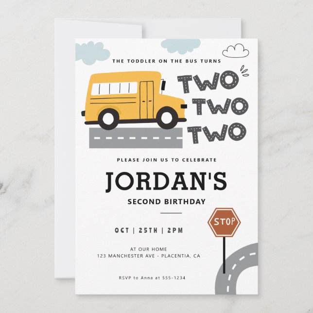 Yellow School Bus 2nd birthday Wheels on the Bus Invitation (Front)