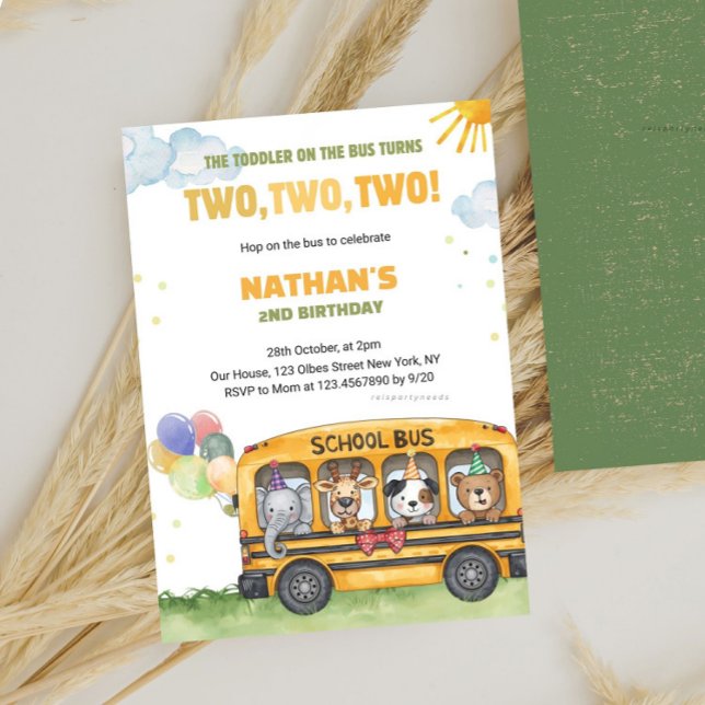 Yellow School Bus 2nd birthday Wheels on the Bus Invitation (modern transportation invitation, second birthday boy invitation, transportation themed invitation, )