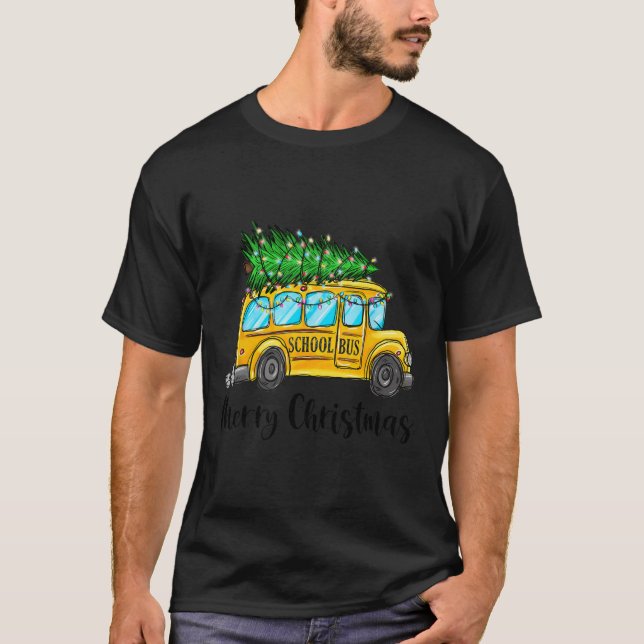 Yellow School Bus Christmas Light Tree Driver Paja T-Shirt (Front)
