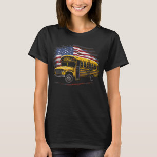 Yellow School Bus Driver on American Flag T-Shirt