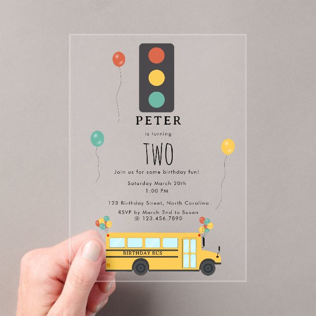 Yellow School Bus Kids Birthday Party Acrylic Invitations (Insitu (Handheld))