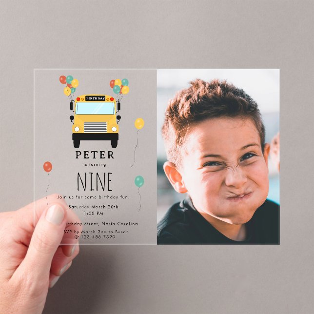 Yellow School Bus Kids Birthday Party Custom Photo Acrylic Invitations (Insitu (Handheld))