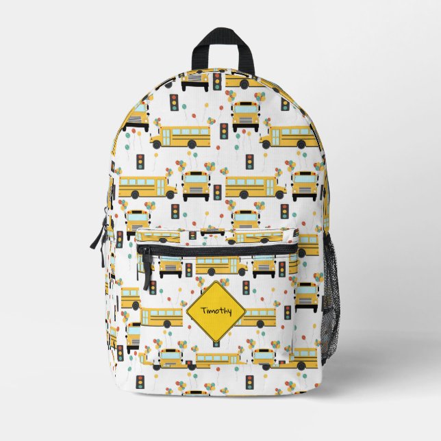 Yellow School Bus Party Kids Custom Name Printed Backpack (Front)