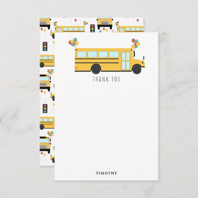 Yellow School Bus Party Kids Name Thank You Card (Front/Back)