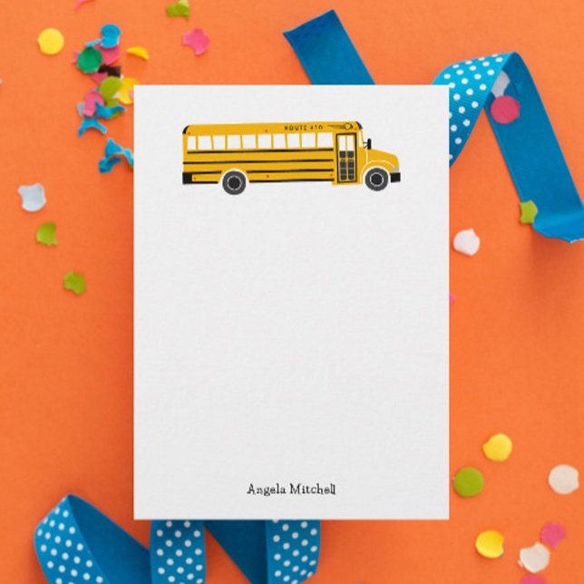 Yellow School Bus Personal Stationery Flat Cards (fun personalized yellow school bus flat note card stationery with custom name and route number)