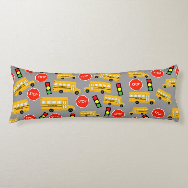 Yellow School Bus Stop Sign Traffic Lights Pattern Body Cushion (Front)