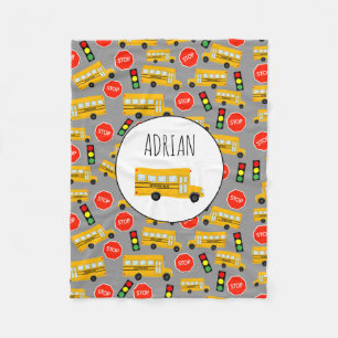 Yellow School Bus Stop Sign Traffic Lights Pattern Fleece Blanket