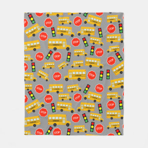 Yellow School Bus Stop Sign Traffic Lights Pattern Fleece Blanket
