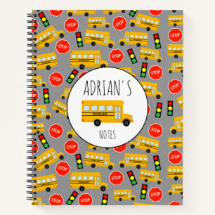 Yellow School Bus Stop Sign Traffic Lights Pattern Notebook
