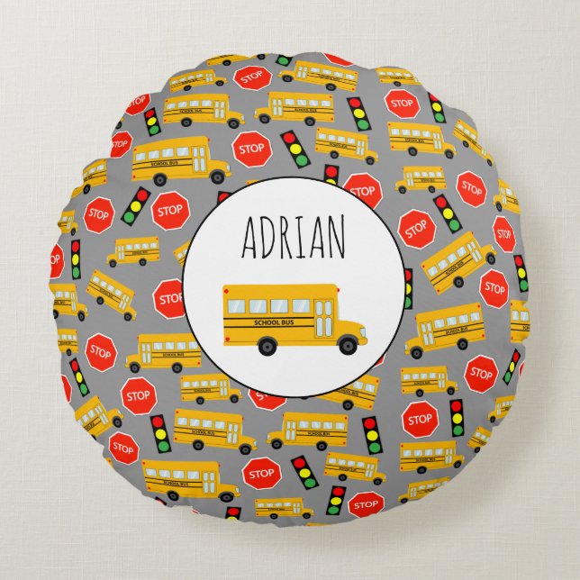 Yellow School Bus Stop Sign Traffic Lights Pattern Round Cushion (Front)