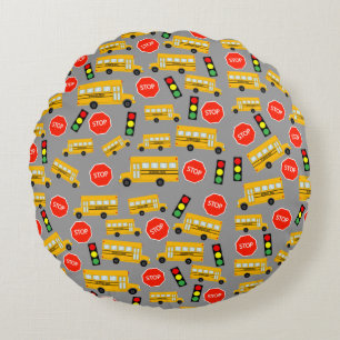 Yellow School Bus Stop Sign Traffic Lights Pattern Round Cushion