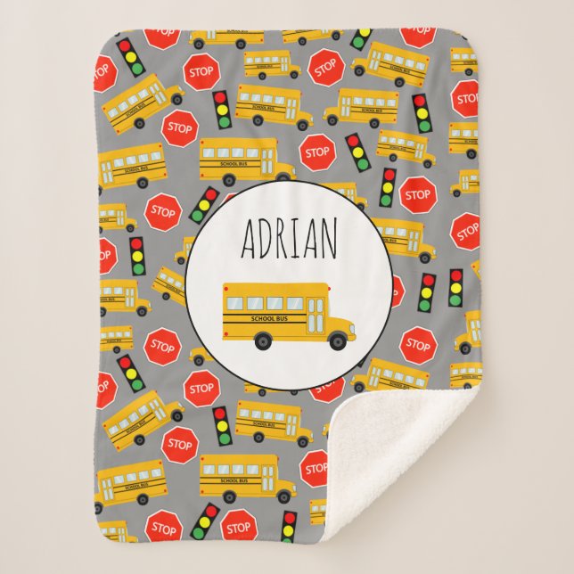 Yellow School Bus Stop Sign Traffic Lights Pattern Sherpa Blanket (Front)