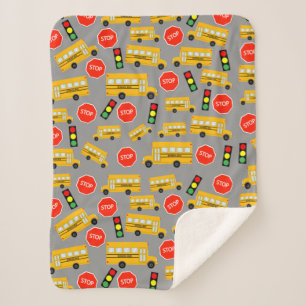 Yellow School Bus Stop Sign Traffic Lights Pattern Sherpa Blanket