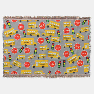 Yellow School Bus Stop Sign Traffic Lights Pattern Throw Blanket
