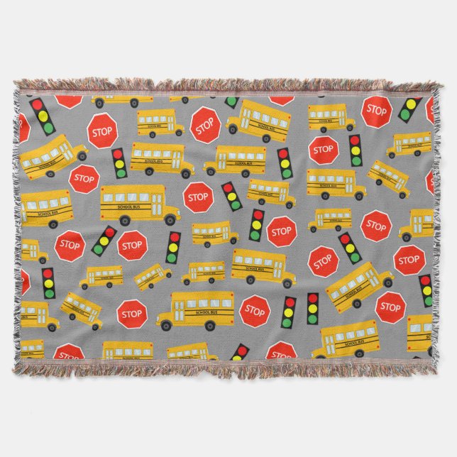 Yellow School Bus Stop Sign Traffic Lights Pattern Throw Blanket (Front)