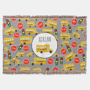 Yellow School Bus Stop Sign Traffic Lights Pattern Throw Blanket