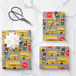 Yellow School Bus Stop Sign Traffic Lights Pattern Wrapping Paper Sheet