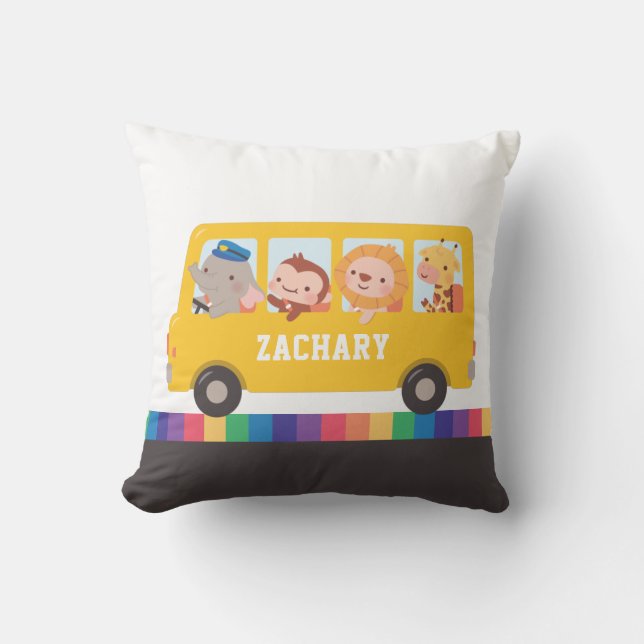 Yellow School Bus With Cute Animals Kids Cushion (Front)