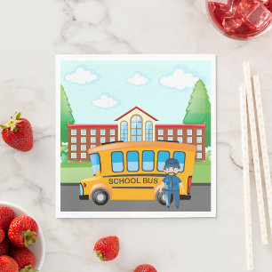 Yellow School Bus with Driver and School Building Napkin