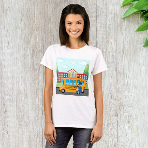 Yellow School Bus with Driver and School Building T-Shirt
