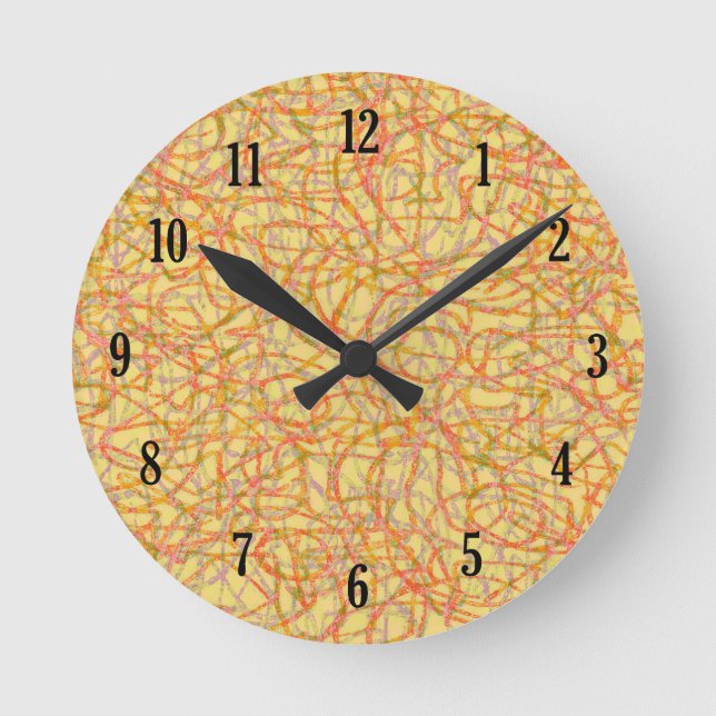 Yellow scribbled lines pattern round clock (Front)