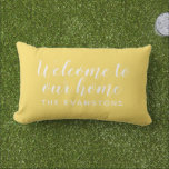 Yellow Script Welcome to Our Home Lumbar Cushion<br><div class="desc">Bright and welcoming, this outdoor lumbar pillow features Welcome to Our Home in flowing white script alongside your personalised family name on a sunny yellow background. The warm, cheerful colorway makes an inviting statement on any front porch, patio, or entryway bench. All text is fully editable to feature your own...</div>