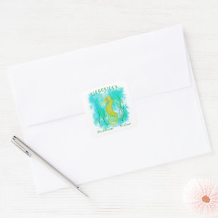 Yellow seahorse under the sea square sticker