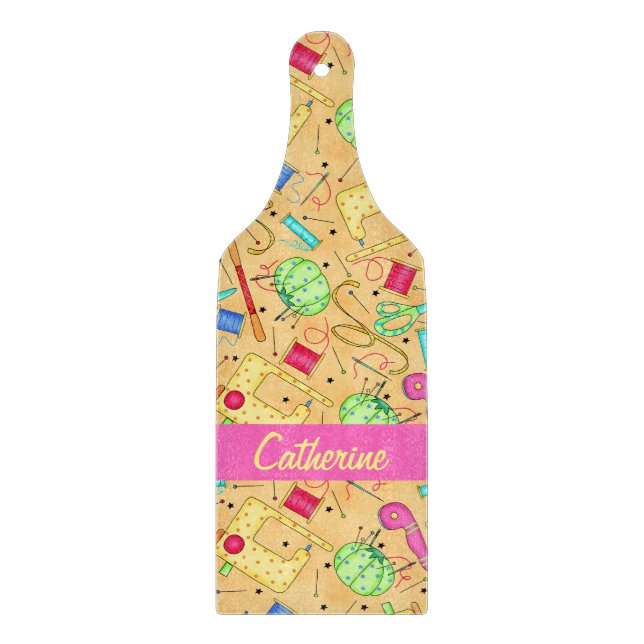 Yellow Sewing Notions Art Name Personalised Cutting Board (Front)