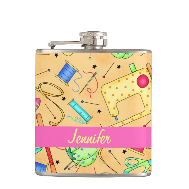 Yellow Sewing Notions Art Name Personalised Hip Flask (Front)