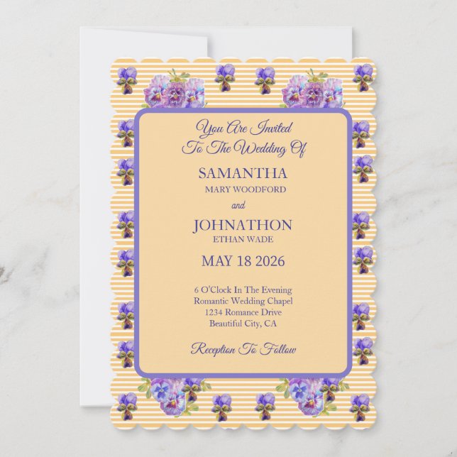 Yellow Shabby Chic Flower Pansy Wedding Invitation (Front)
