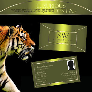 Yellow Shimmer Olive Green with Monogram and Photo Business Card