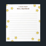 Yellow Shining Stars Lined A Note From Teacher<br><div class="desc">White A note from School Teacher notepad personalised with the teacher's name in brown against a white background and lots of shiny, round stars. Gold star themed teacher's notepad with lines and the teacher's name. Personalised teacher's notepad with stars in yellow against a white background. Give your students notes on...</div>