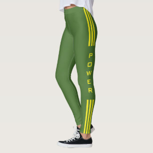 Yellow Side Stripe Green Leggings Power Text