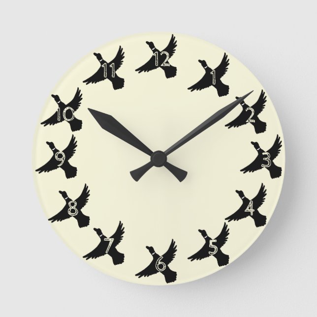 Yellow Silhouette Flying Duck Round Clock (Front)