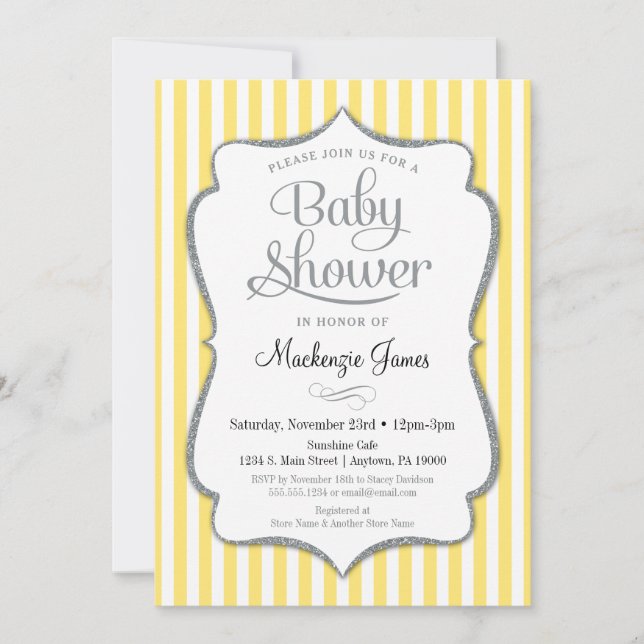Yellow Silver Baby Shower Invitation Neutral Grey (Front)