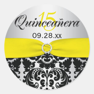 Yellow, Silver, Black Damask Quinceanera Sticker